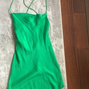 Green satin dress.